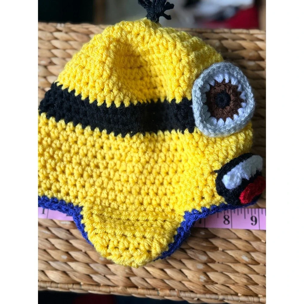 Handmade Minion Crochet Beanie Kids OS Yellow Earflap Character Hat uniex